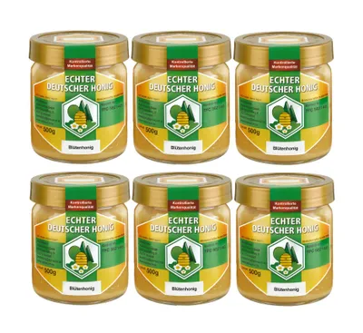 Produktbild von Echter Deutscher Honig aus Südhessen. 6x500g Blütenhonig - schonend geerntet, schonend verarbeitet, fein gesiebt und ungefiltert