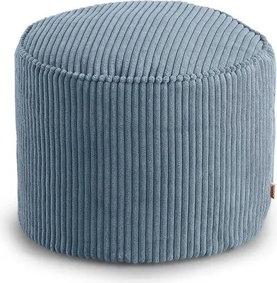 A blue corduroy ottoman.