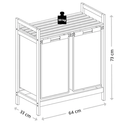 A line drawing of a two-compartment laundry hamper with dimensions indicated.