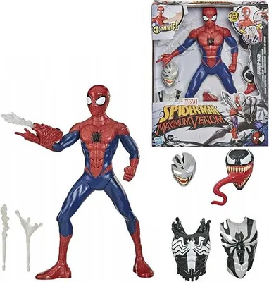 A collage of a Spiderman toy figure and its packaging, along with accessories.