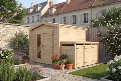 Produktbild von Gartenhaus Killarney, 250x250cm, Naturbelassen, 28mm, 3er Mülltonnenbox