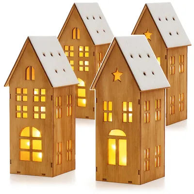 Produktbild von com-four® Beleuchtetes Holzhaus zum Hinstellen mit LED-Lichtern + Timer