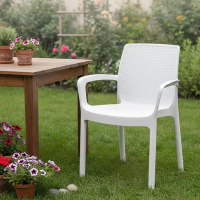 Produktbild von Gartenstuhl Dmoll, Gartensitz, Stuhl für Esstisch, Sessel für den Außenbereich in Rattan-Optik, 100 %  Italy, 54x60h82 cm, Weiß