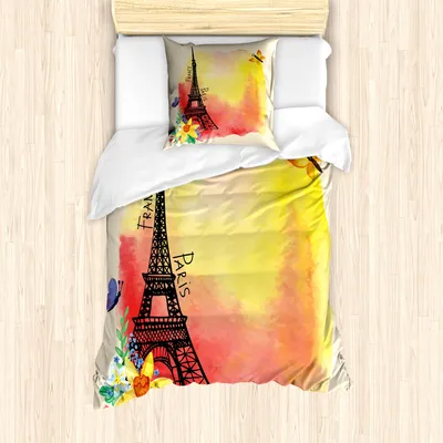 Produktbild von ABAKUHAUS Paris Mantele, Romantische Blumen Eiffel, Milbensicher Allergiker geeignet mit Kissenbezügen, 135 cm x 200 cm - 80 x 80 cm, Mehrfarbig