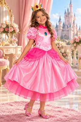 Produktbild von Super Mario Princess Peach Kostüm Mädchen 7-8 Jahre – Original Nintendo Prinzessinnenkleid Rosa mit Krone – Karneval Fasching Halloween Party Show