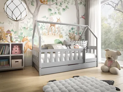 Produktbild von MTJMöbel Kinderbett LUNA 190x80cm mit Matratze, Hausbett mit Schublade und Schutzbarriere, Grau Holz