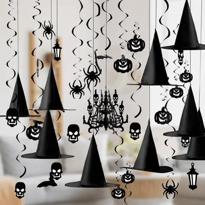 Produktbild von JOYIN Halloween Hängewirbel Dekorationen 27-teiligHexenhüte Spukhaus Deckenaufhängung Kürbis Spinnen Geist