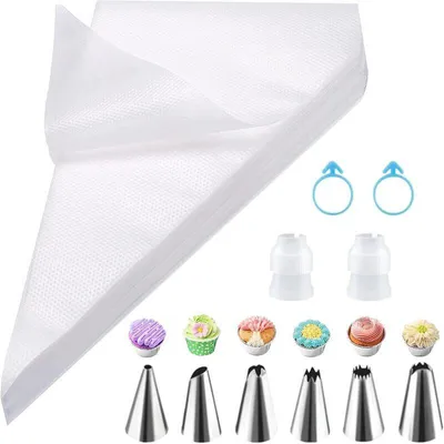 Productafbeelding van Spuitzakken met tuiten – 110 stuks – Decoratietuiten – Wegwerpspuitzakken – Rol met 100 spuitzakken – 6 tuiten – Herbruikbaar – PE
