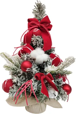 Produktbild von Schneebedeckter Mini-Weihnachtsbaum, kleiner künstlicher beflockter Tischbaum mit Kugeln, Schleife und Stoffbeutelbasis für die Schreibtischdekoration im Home-Office