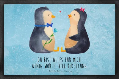 Produktbild von Mr. & Mrs. Panda Sauberlaufmatte Pinguin Pärchen 60 x 90 cm - Eisblau - Geschenk, Eingangsmatte, bodenmatte, Liebe, Hochzeit, Bodenvorleger, Hochzeitstag, Fussmatte
