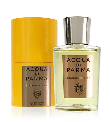 A bottle of Acqua di Parma Colonia Intensa Eau de Cologne and its cylindrical packaging.