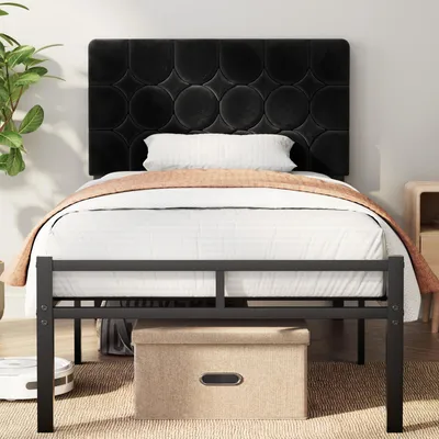 Produktbild von Einzelbettgestell 90 x 200 cm Metallbett mit gepolstertem Kopfteil Bettrahmen Stahl Stauraum unter dem Bett Plattformbett geräuschlos Schwarz