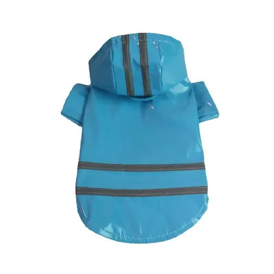 Produktbild von Hunderegenmantel wasserdicht – Hunderegenjacke mit Kapuze – Regenmantel für Hunde – Reflektierende Streifen – Brust- und Bauchschutz – Blau – Größe M