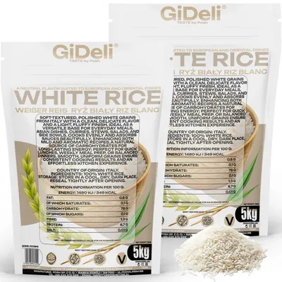 Obrázok produktu pre Biela dlnozrnná ryža 10 kg, leštená, prírodná, vhodná na varenie ako príloha. Značka: GiDeli