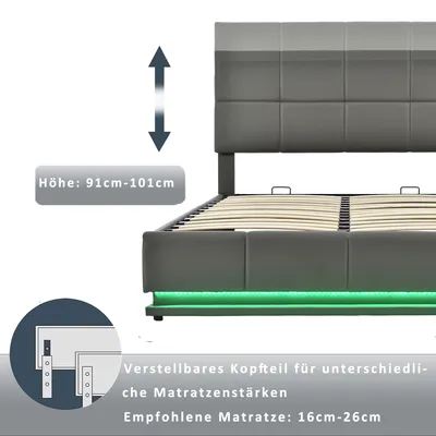 Produktbild von okwish Polsterbett mit Matratze 160x200 Doppelbett mit Bettkasten Stauraum,Stauraumbett mit LED Beleuchtung und höheverstellbarem Polsterkopfteil ,Grau