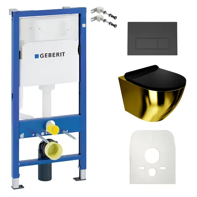 Produktbild von DOMINO Geberit Duofix Basic Vorwandelement + Wand-WC Tiefspül Sofi Slim Becken Gold/Schwarz Spülrandlos + Bedienplatte Delta 25 für Doppelspülung |Set