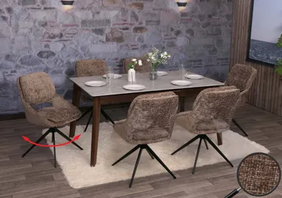 Image de lot de 6 chaises de salle à manger HWC-N73, chaise de cuisine, pivotante Auto-Return, tissu/textile chenille (490g/m²) Oeko-Tex ~ marron