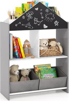 Immagine prodotto di COSTWAY Scaffale per bambini 2 in 1 con lavagna, 2 scatole e 6 scomparti, libreria per bambini, 63x27x90cm grigio