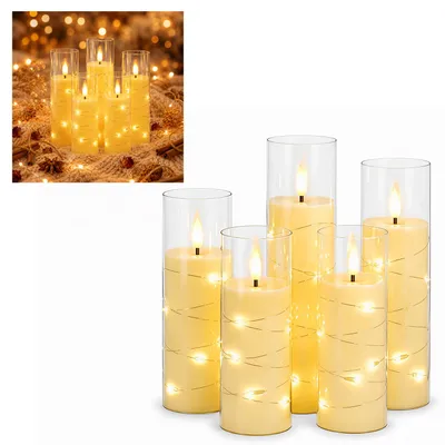 Image de Ensemble de 5 bougies LED ISOISL, avec guirlande lumineuse et télécommande, sans flamme, lumière blanc chaud, avec des gobelets en acrylique transparent