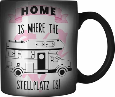 Produktbild von Trendation - Wohnwagen Camper Farbwechsel Zauber-Tasse Geschenke Wohnmobil für Männer Campingwagen Geschenkidee Zubehör Camping Opa Oma Rentner Lustig Grafik Home Is Where The Stellplatz Is (Schwarz)