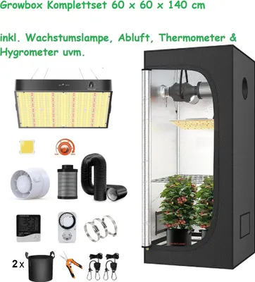 Produktbild von JUNG Gewächshaus Growbox Komplettset Anzuchtset + Zuchtzelt LED Lampe Anbau Pflanzen, BxTxH: 60 x 60 x 140,00 cm, Growbox, Gewächshaus Komplett Set
