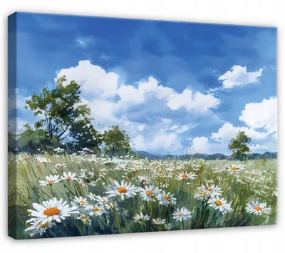 Produktbild von Leinwandbild Blumen Wiese Landschaft - 100x70 cm - Wandbilder Wohnzimmer Schlafzimmer - Leinwand Leinwandbild Blau - PP16413O1