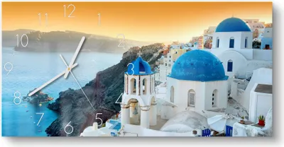 Produktbild von DEQORI Glasuhr 60x30 cm Zahlen 'Blaue Kuppeln von Oia' Wanduhr Glas Uhr Design leise