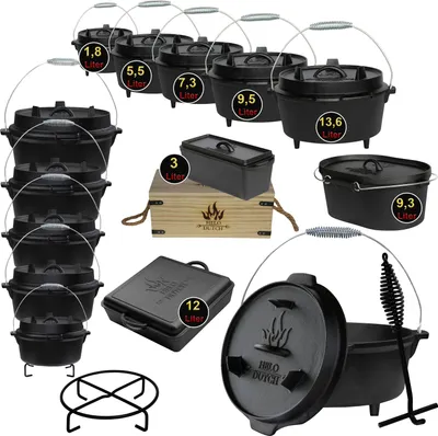 Produktbild von Dutch Oven Set Gusseisen Deckelheber Feuertopf Schmortopf Kochbuch 1.8L - O1 ohne Füße