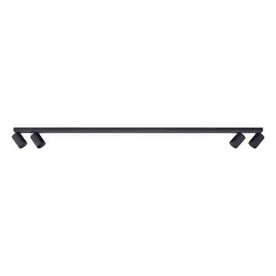 A product shot of a black ceiling spotlight bar with four adjustable spotlights.