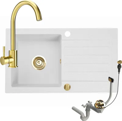 Produktbild von Granitspüle Küchenspüle mit Siphon und Armatur Gold Spülbecken Einbauspüle 76x44 Weiß