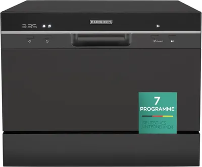 A front view of a black HEINRICHS portable mini dishwasher.