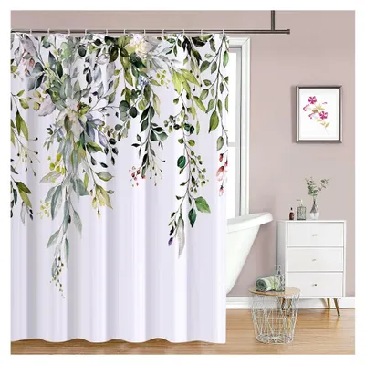 Produktbild von Blumen Duschvorhang mit 12 Haken, Polyester 180x200cm wasserdicht für das Badezimmer, beschwerter Saum, Badewannenvorhang, maschinenwaschbar, schnelltrocknend (Grün)