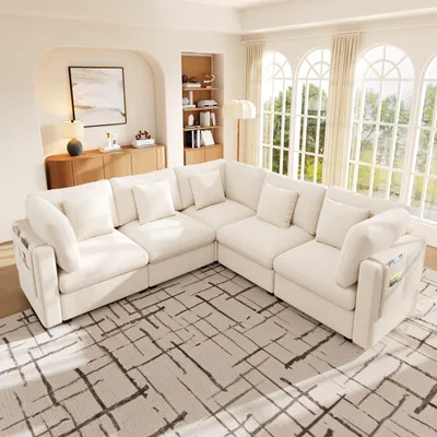 Immagine prodotto di Divano angolare a forma di L, modulare, 5 posti, con 3 tasche laterali integrate nelle braccioli, 5 cuscini, tasche laterali, design flessibile, tessuto in chenille, color beige