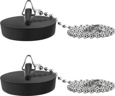 Produktbild von 2er-Pack Silikon-Waschbeckenstöpsel mit universellem Gummi-Badewannenstöpsel mit 40 cm langer Edelstahlkette für Küchen- und Badezimmerspülen (Abflussstöpselgröße 45–40 mm). Schwarzer Stöpsel und Kette im Lieferumfang enthalten.
