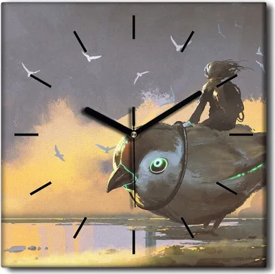 Produktbild von Coloray Uhr auf Leinwand 30x30 cm Wand Uhr Dekoration Wohnzimmer Segeltuch schwarze Hände -Kleiner Mädchen-Vogel