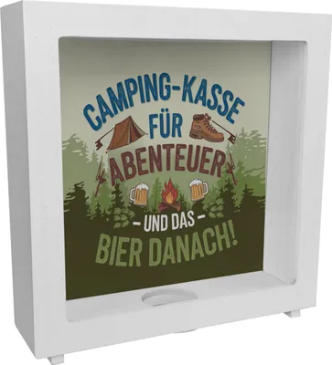 Produktbild von Camping Rahmen Spardose aus Holz für Abenteuer und Bier
