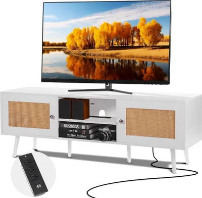 Produktbild von Rattan-TV-Ständer 165 cm - Boho Fernsehtisch - TV Schrank mit Eiche Weiß - Moderner Fernsehmöbel für Wohnzimmer