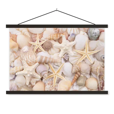 Produktbild von MuchoWow® Textilposter Seestern - Muscheln - Strand - Sommer 60x40 cm mit schwarzem Rahmen - Hölzernes