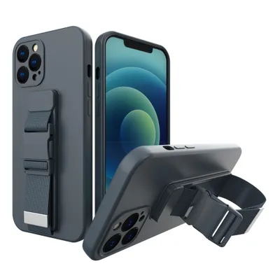 Three views of a dark gray phone case with a blue strap and buckle, shown against a white background.