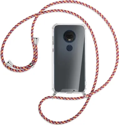 Produktbild von Handykette Backcover-Schutzhülle mit Band (Metall silberfarben) für Motorola Moto G7 / G7 Plus - weinrot/gelb/grau