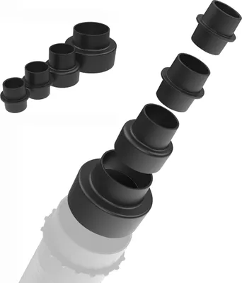 A set of black plastic hose adapters of varying sizes, shown in a studio setting against a white background.