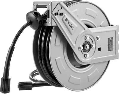 Image de Bobine rétractable pour tuyau de nettoyeur haute pression, 19,8 m x 6,4 mm, en acier robuste pour un usage intensif. Pression maximale : 3200 PSI. Enroulement automatique. Fixation flexible au mur ou au sol, idéale pour le lavage automobile, le jardin et le nettoyage des sols