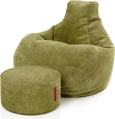 Produktbild von Green Bean® Sitzsack mit Hocker aus Cord - Sitzsäcke für das Wohnzimmer, Schlafzimmer, Sitzsack-Sessel für Erwachsene Grün