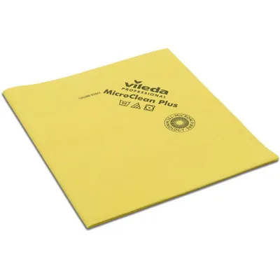 A yellow Vileda MicroClean Plus cleaning cloth is shown on a white background.