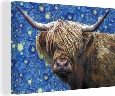 Produktbild von OneMillionCanvasses® - Leinwandbilder - 150x100 cm, Scottish Hochlandrind - Sternennacht - Van Gogh, Wandbilder Wohnzimmer Hochland Rind - Tier Wanddekoration - Hochland Rind - Kuh - Gemälde auf Holzrahmen