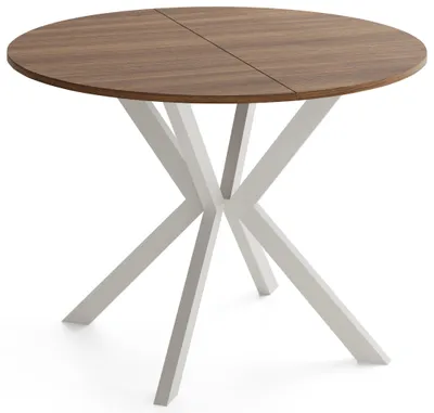 Produktbild von Runder Ausziehtisch Esstisch Ausziehbar mit Metallgestell in Kaschmir Grau – Valio, 90 cm Rund auf 130 cm Erweiterbar – Industrial-Loft-Design Metallbeine, Nussbaum Braun,  EU