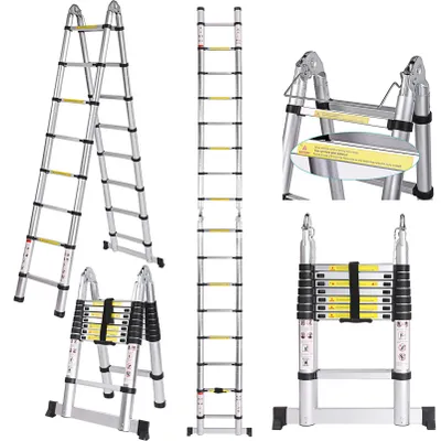 Teleskopleiter 5 m, Aluminium, bis 150 kg, 16 Stufen, klappbar