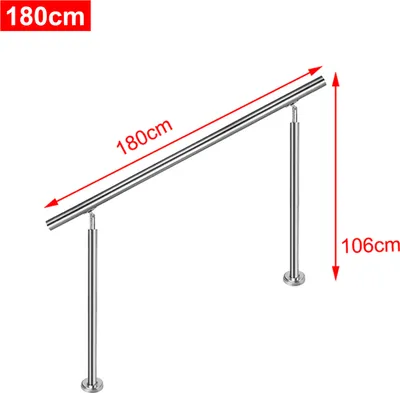 A stainless steel handrail for stairs, with dimensions indicated.