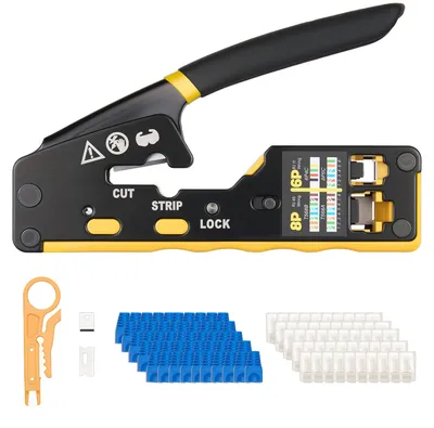 Produktbild von SucceBuy Netzwerk-Werkzeugset, RJ45/RJ11/RJ12 Ethernet-Crimpzange-Set für 4/6/8-polige Modularstecker, inklusive Mini-Abisolierzange, 50 Steckern, 50 Tüllen, Ersatzklingen und Netzwerkkabeltester