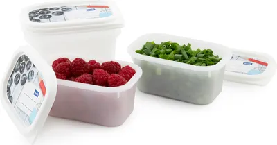Several clear plastic food storage containers are displayed on a white background. One container in the foreground is filled with raspberries, and another in the midground is filled with chopped green onions. The lids of two containers are visible, one on 
